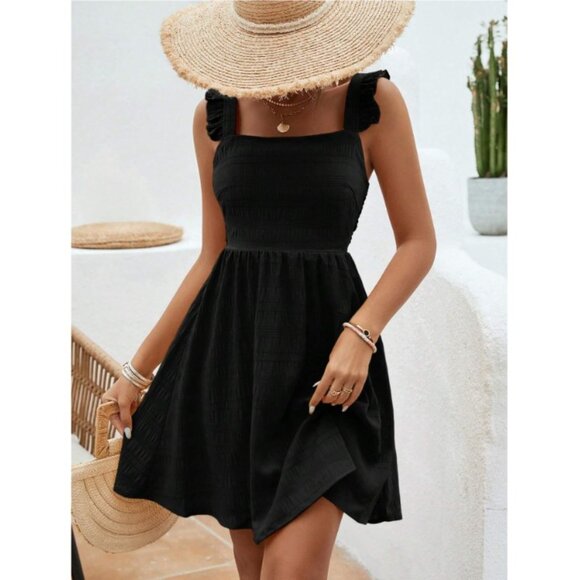 WILA Dresses & Skirts - 🩵 shirred bust square neckline ruffle tank straps boho mini dress black